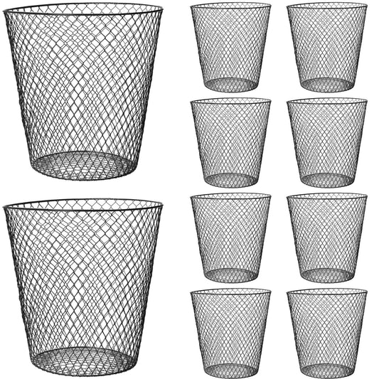 10 Pack 9 inch Round Waste Basket,Wire Mesh Desk Metal Trash Garbage Can Wastebasket Recycling Black Trash Bins Garbage Container for Bedroom Office School Kitchen Home Living Room Bathroom