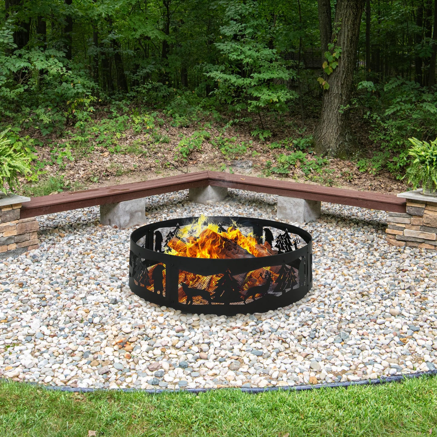 Sunnydaze Wood Burning Outdoor Metal Fire Pit Ring, 36", Forest Wilderness