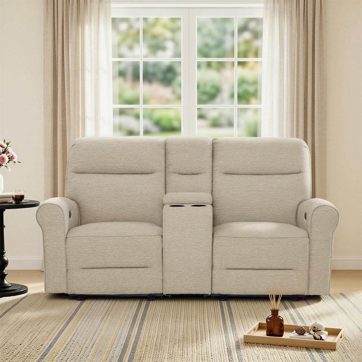 MCombo 78.3" Wall Hugger Power Loveseat Recliner Sofa with Console, Reclining Loveseat with USB Ports, Cup Holders, for Small Spaces Living Room RV, Fabric PR635M2 (Beige)