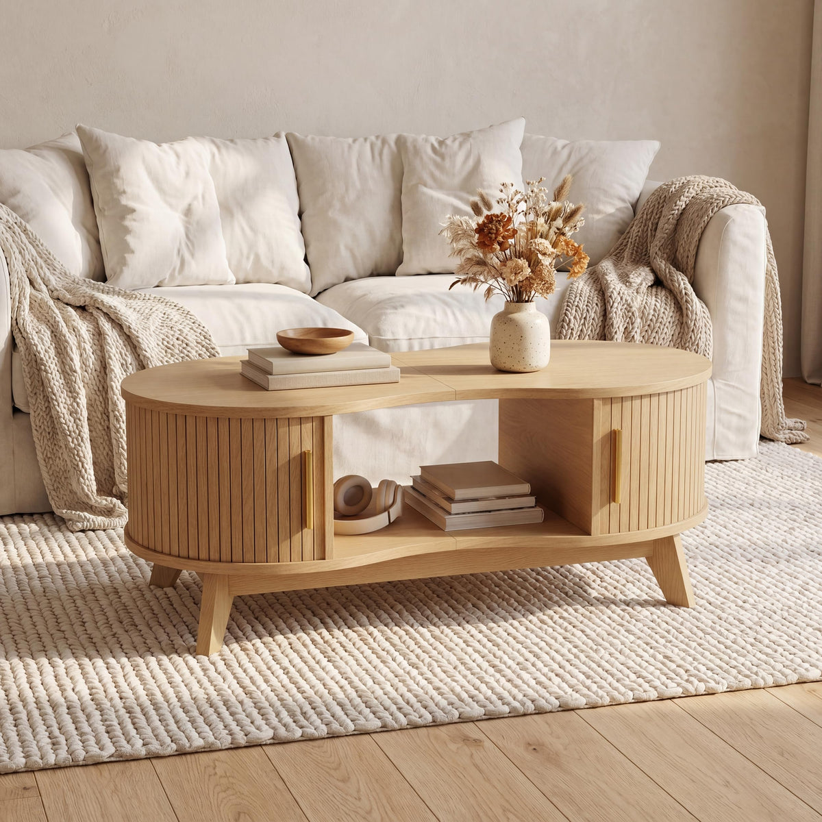 Homiflex Coffee Table, Dual Oval Coffee Table for Living Room, 47In Natural