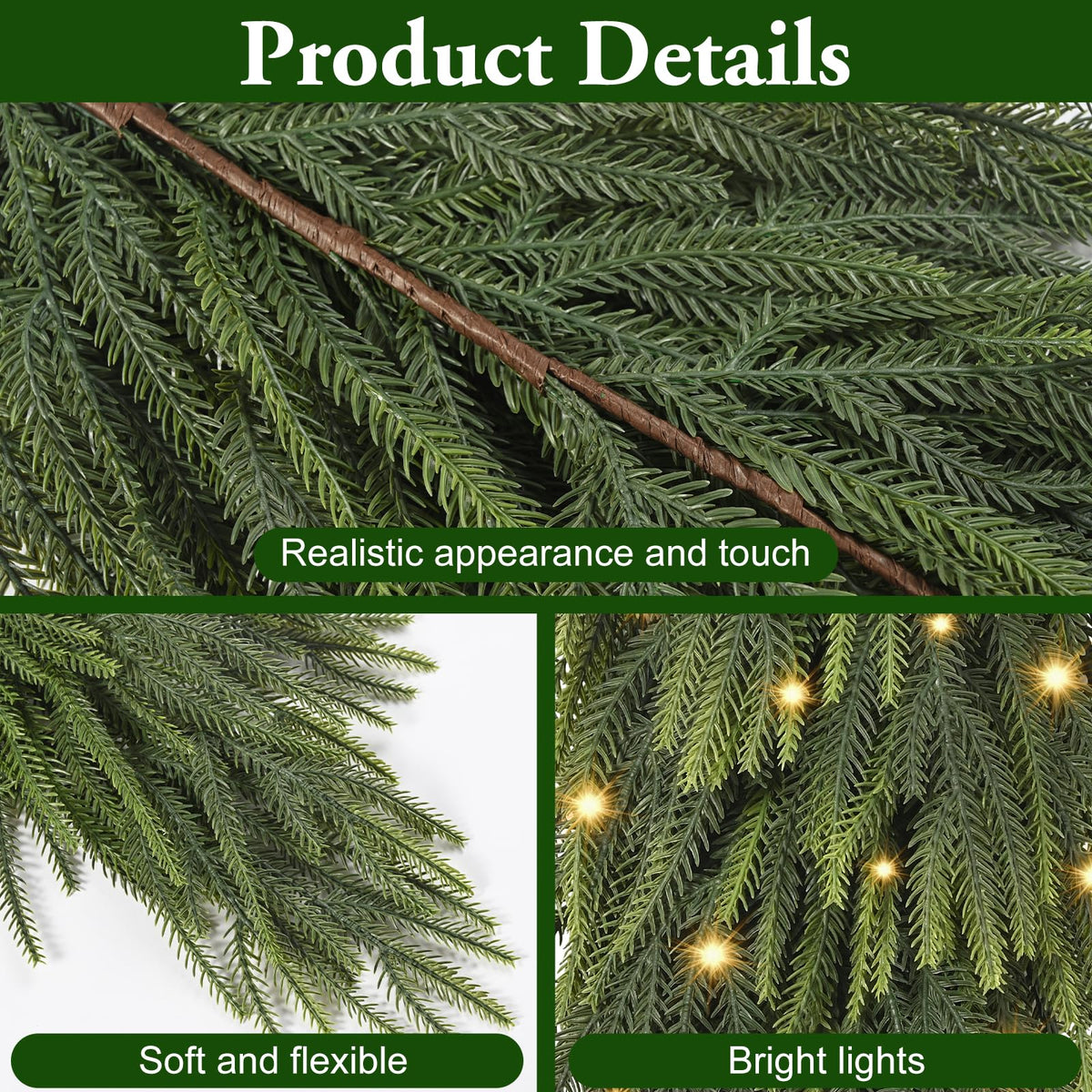 2 Pcs 30” Length Artificial Norfolk Pine Christmas Teardrop Swag with Light