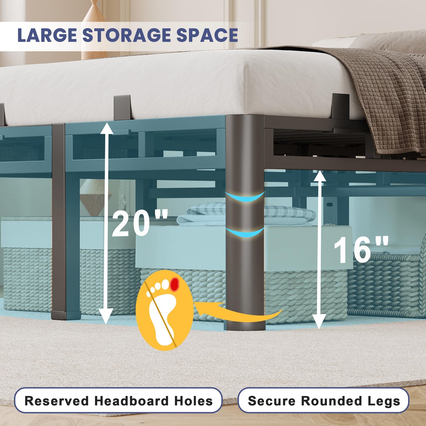 Anyroom 20 Inch Cal King Bed Frame, Double Layer Heavy Duty Metal Bedframe 4000 lbs Capacity, Platform Bed Frames with Headboard Holes, Round Corner Legs, Mattress Slide Stopper, Easy Assembly，