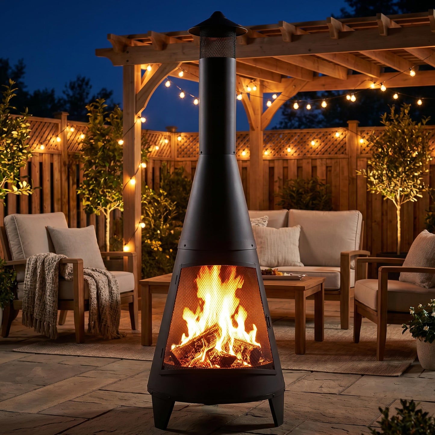 Sunnydaze 70" Large Chiminea Outdoor Fireplace, Wood Burning, Metal, Black