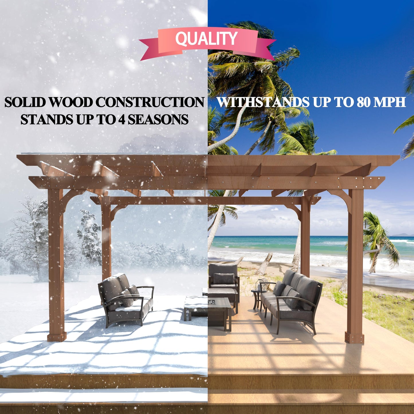 BlueWish 10' x 12' Patio Pergola, Cedar Wood Pergolas with Solid Structure, Pergola Kits, Outdoor Pergolas and Gazebos with Slatted Trellis Roof for Deck Backyard Grill Party Garden