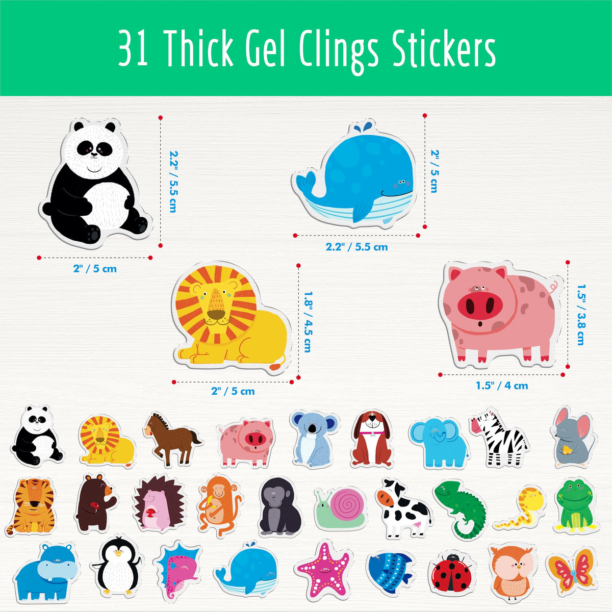 31PCS Animal Jelly Stickers, Thick Window Door Clings Removable Reusable Gel Clings Decals for Kids Toddlers Adults Home Classroom Nursery Animal Theme Party Supplies Decorations (Not Edible)