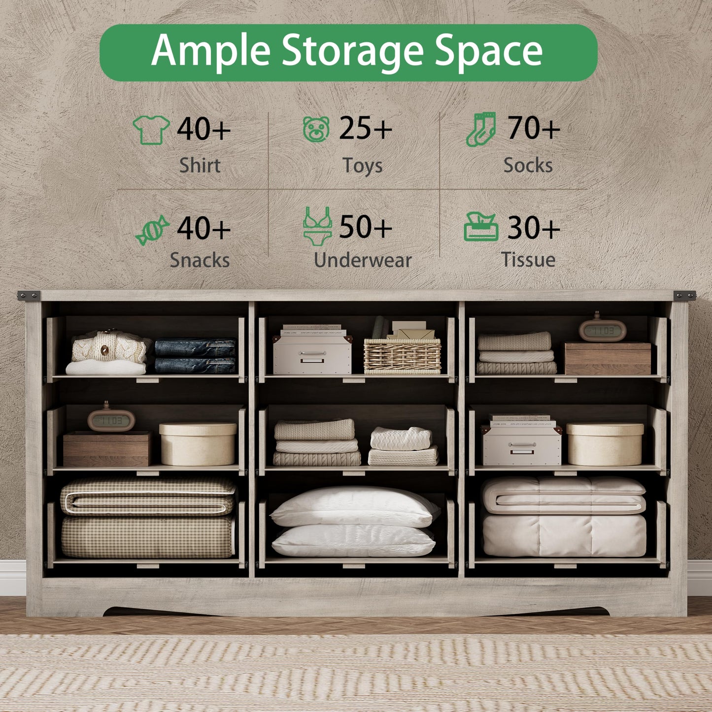 Dresser for Bedroom with 9 Drawers, 59" Wide Wood Chest of Drawers with Deep Drawers & Mental Handle, Modern Dresser TV Stand, Wooden Closet Storage Organizer for Living Room, Hallway, Entryway, Grey
