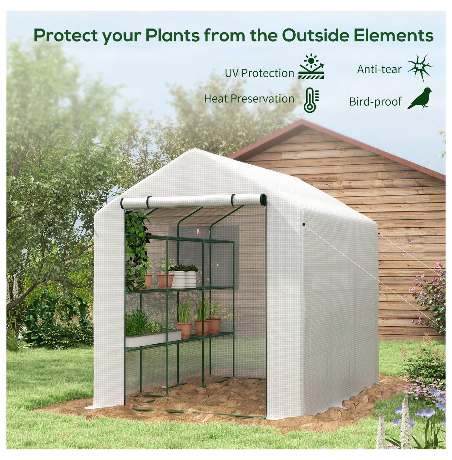Walk-in Greenhouse Outdoor, 18 Shelves, PE Cover, 95.25x70.75x82.75in, White - Plant Growing Tent for Vegetables, Flowers, Tropical Plants