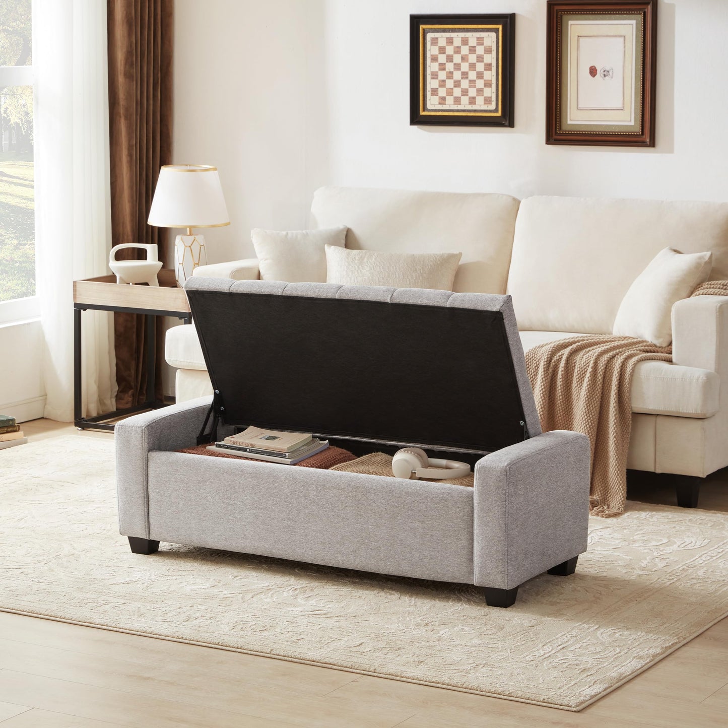 Huatean Home 48" Ottoman with Storage, Storage Ottoman Bench with Safety Hinge, Upholstered Entryway Bench with Seating for Bedroom, Living Room, Holds up to 330 lb(Light Gray)