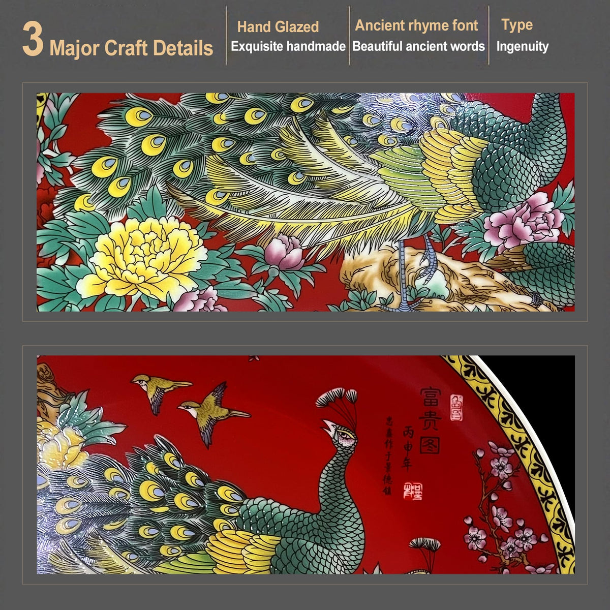 LIYAOLI Decorative Plates for Display - Handmade Chinese Classical Red Peacock & Peony Porcelain Plates for Living Room, Dining Table, Shelf Decor (2025 Art Collection)