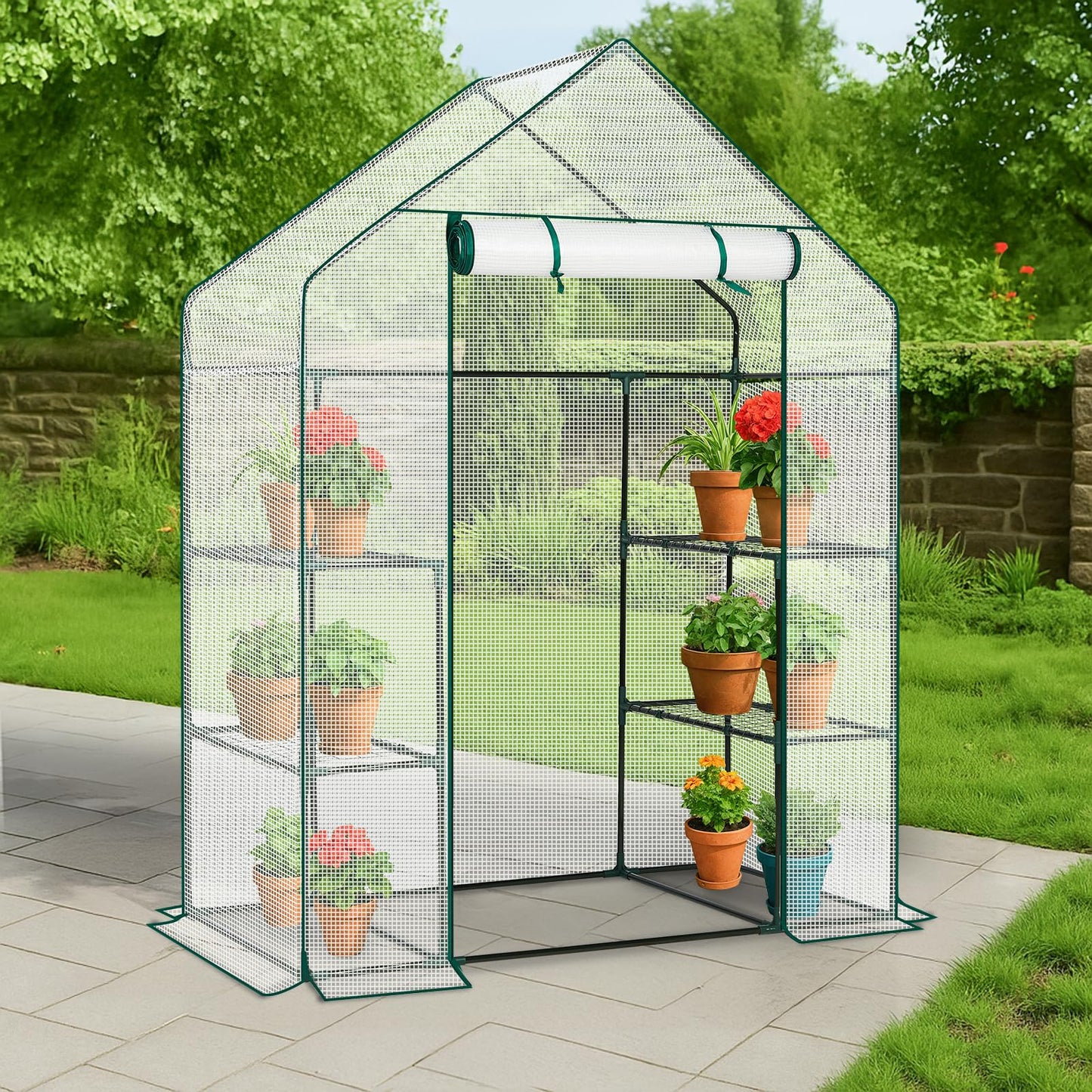 Greenhouse for Outdoors,Walk in Plant Greenhouses with Shelves,Heavy Duty with Durable PE Cover,Plant Stands Portable Green House for Garden Plants (White)