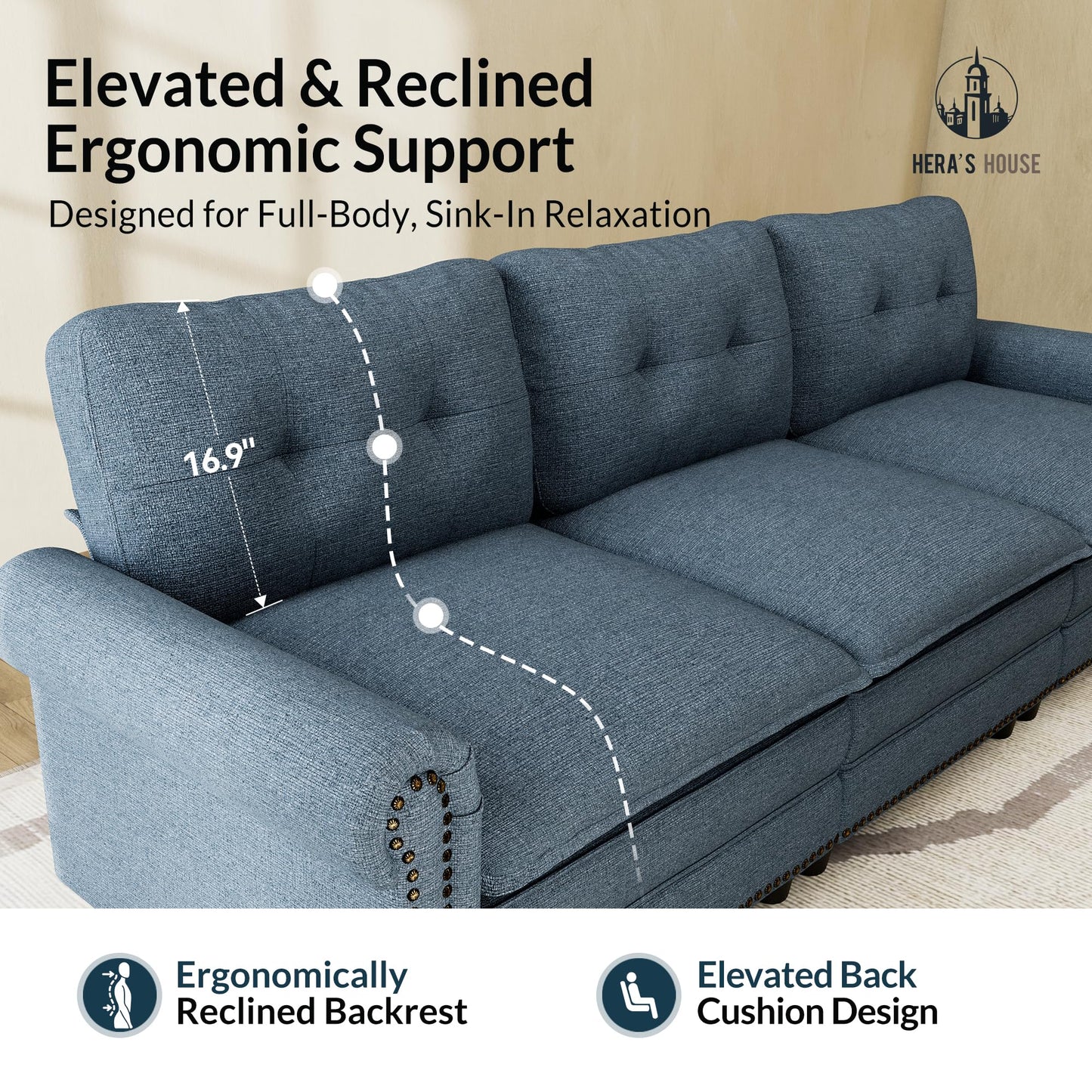 HERA'S HOUSE 116.11" Mid-Century Modern Couch with 2 Swivel Accent Chairs, Oversized Sectional Couch for Living Room, 3-Seater Deep Seat Sofa with Throw Pillows, Linen Cyan Sofa & Corduroy Beige Chair