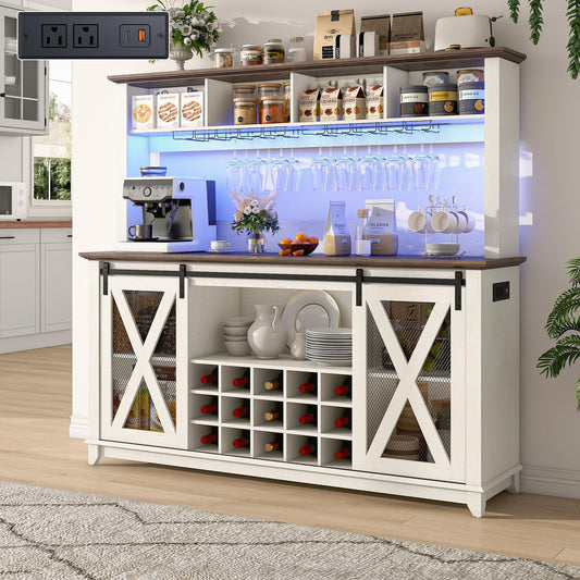 63"Wide 58"H Farmhouse Coffee Bar Cabinet with Power Outlet and LED Light,Wine Bar Cabinet w/ 4 Storage Hutch,Kitchen Buffet Cabinet with 15 Wine and Glass Racks for Kitchen Dining Room(Antique White)