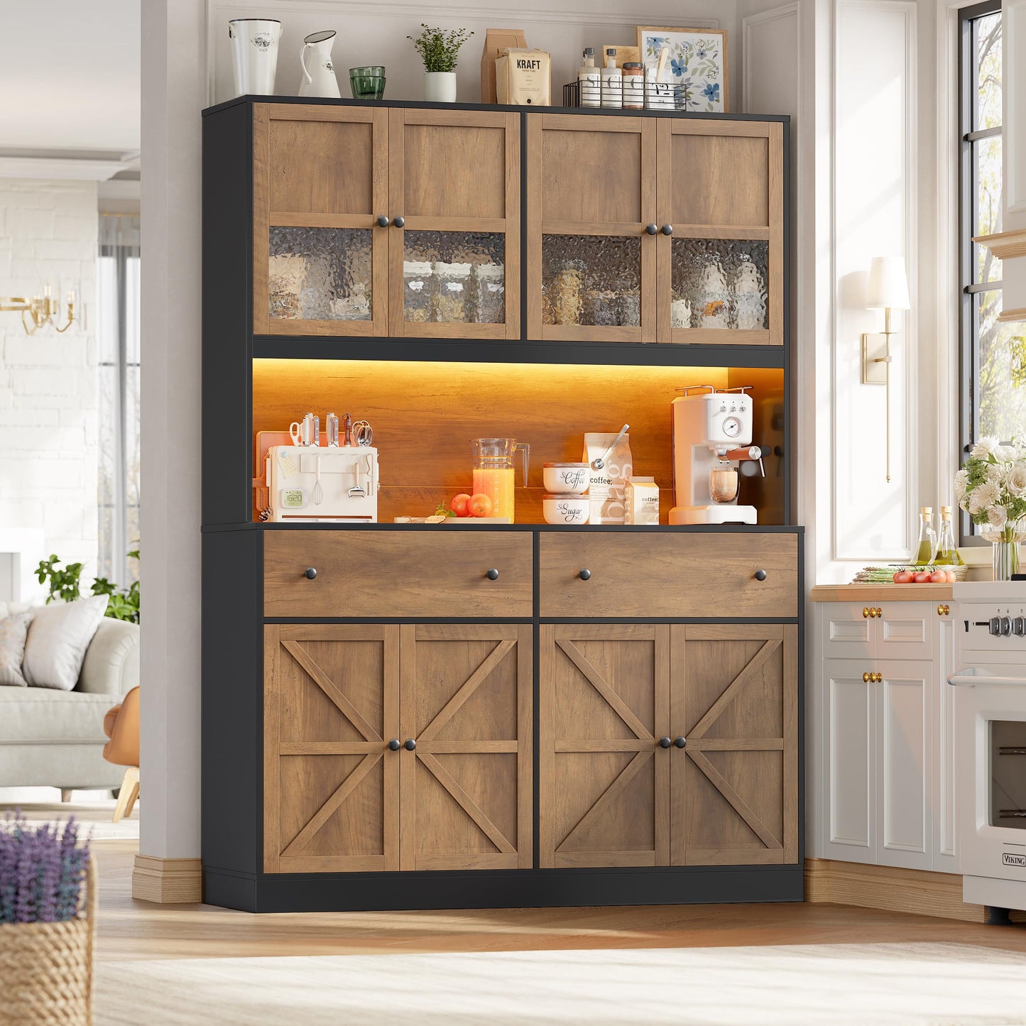 FINETONES 71" Pantry Cabinet with LED Light and Charging Station, Farmhouse Kitchen Pantry Cabinet with Microwave Stand, 47.2" Wide Kitchen Hutch Food Pantry with Open Countertop, Black/Brown