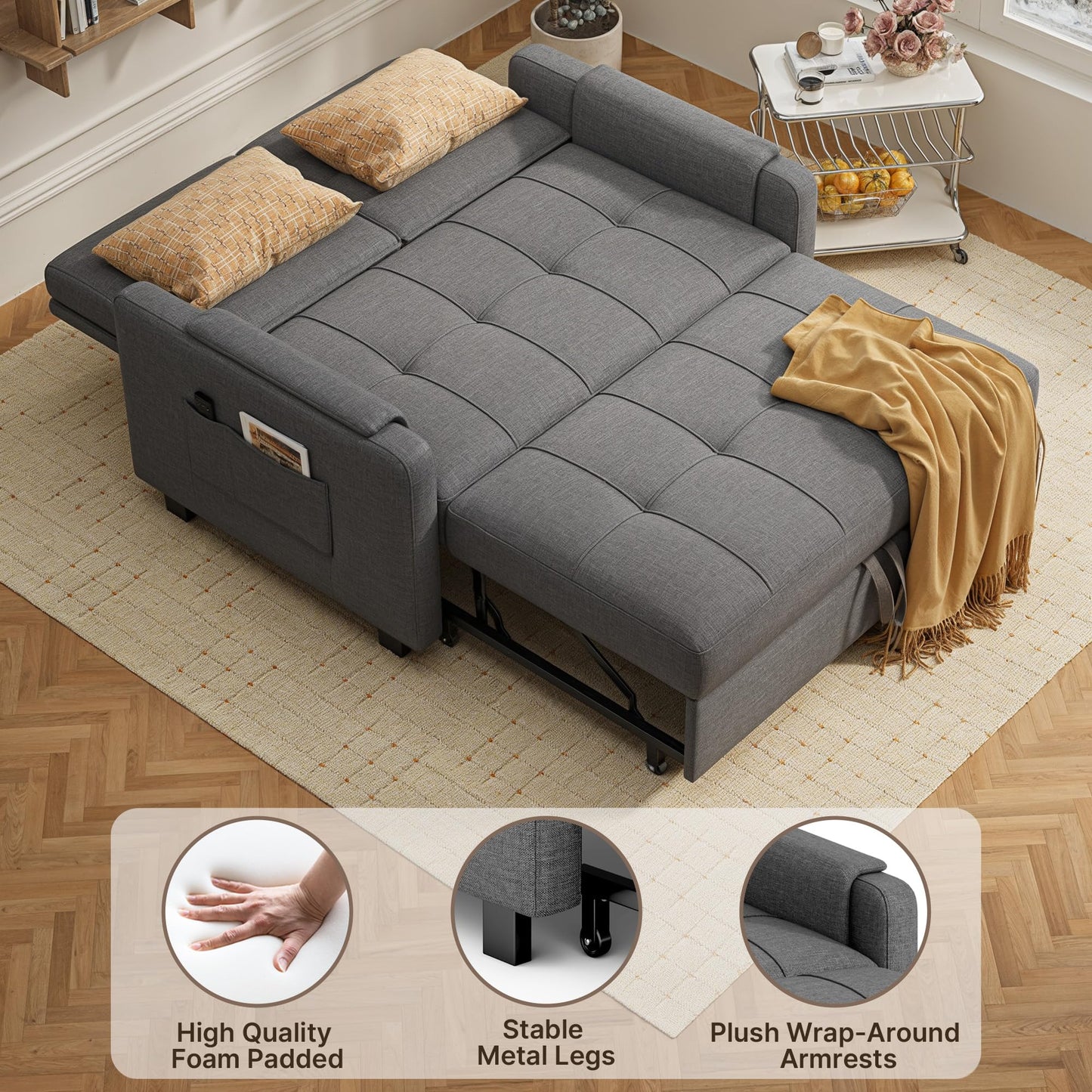 Gizoon Convertible Sofa Bed, 3-in-1 Pull Out Couch, 5-Position Adjustable Backrest & Side Pockets, Modern Small Loveseat Sleeper Sofa for Living Room, Apartment, Dorm, Studio, Guest Room, Grey