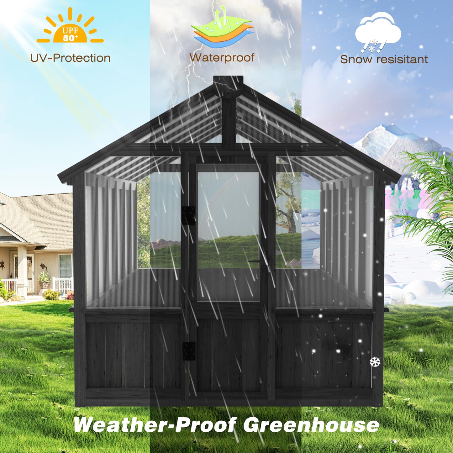 Yardenaler 6x12 FT Greenhouse Kit for Outdoor, Thickened Polycarbonate Panel Wooden Walk-in Green House with Lockable Door and Adjustable Roof Vent, Backyard Garden, Black