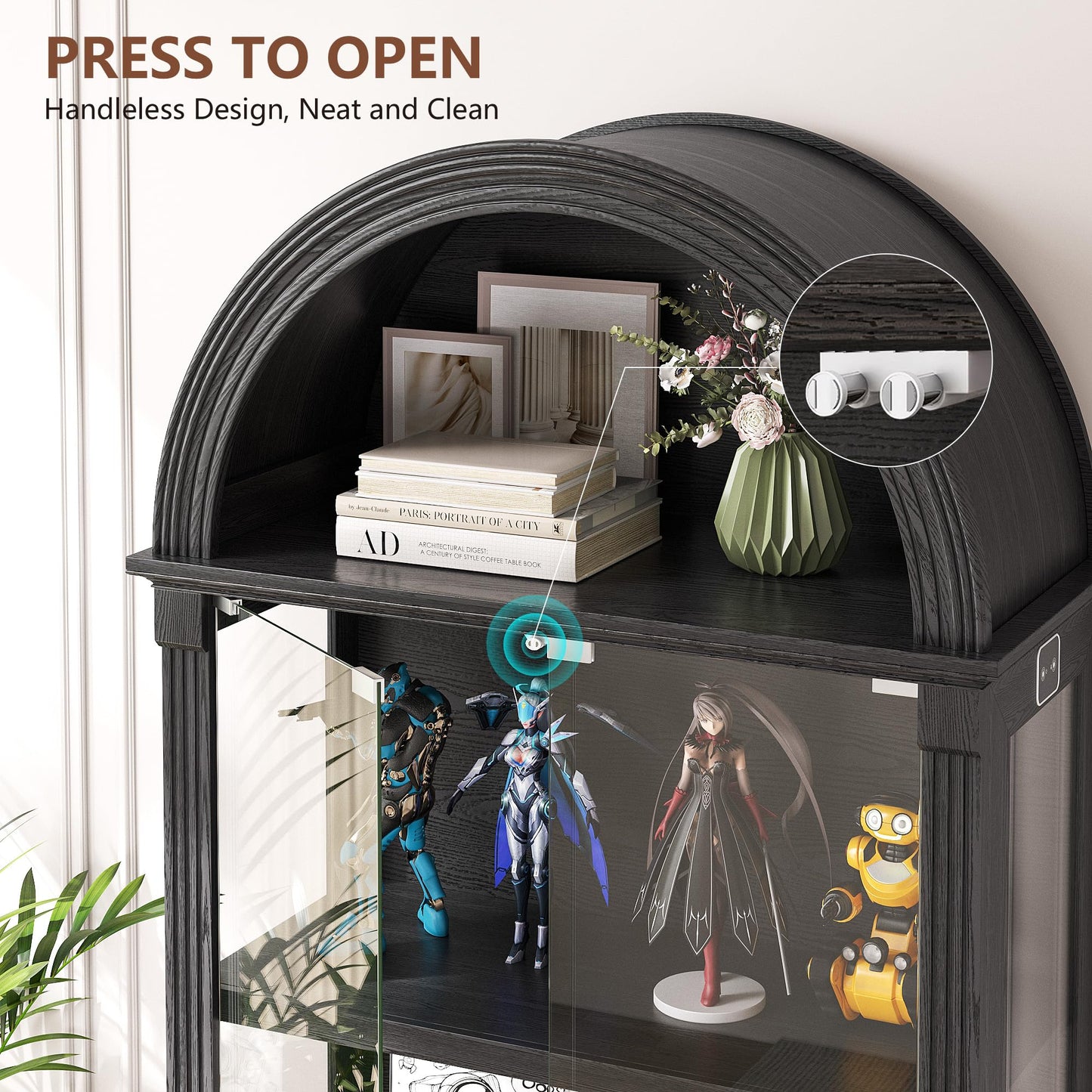 Black Curio Cabinet with Glass Doors, 72" Tall Arched Display Cabinet with Human Sensor Lights, 4-Tier Display Case for Collectibles Bookcase Living Room