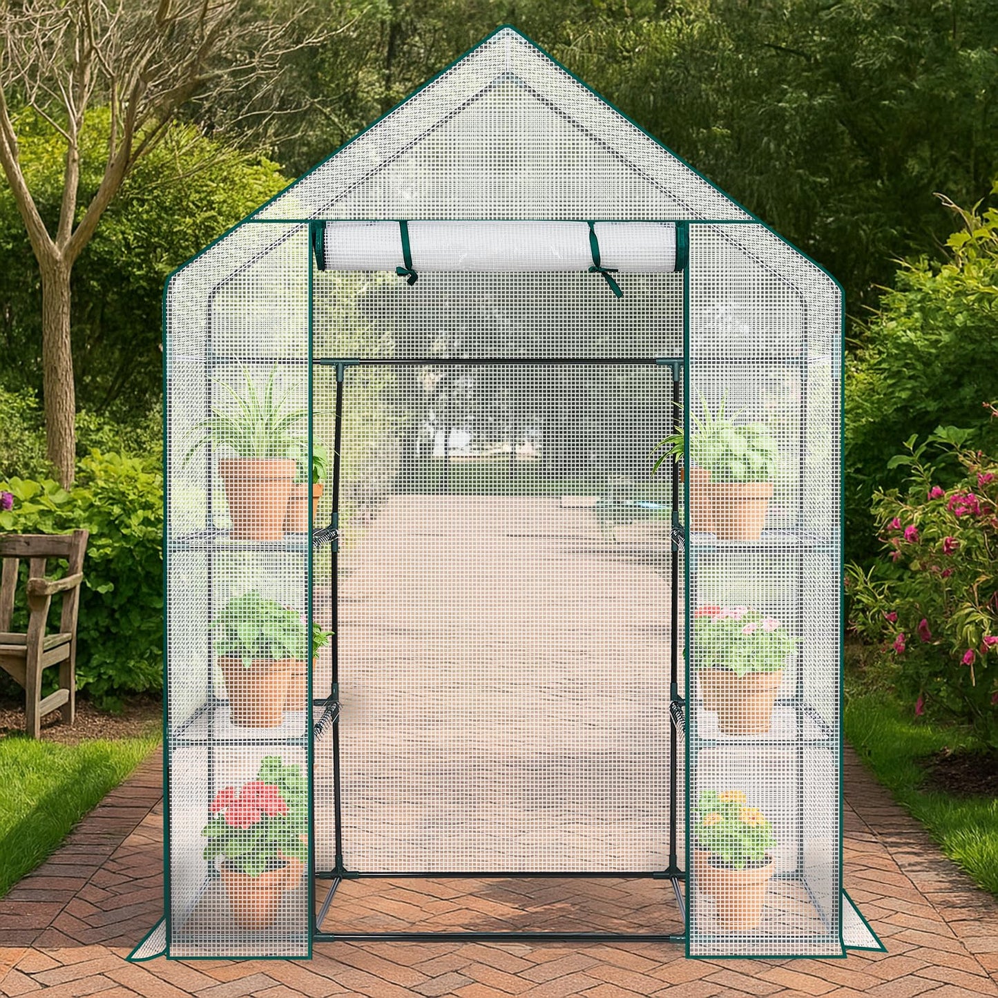 Greenhouse for Outdoors,Walk in Plant Greenhouses with Shelves,Heavy Duty with Durable PE Cover,Plant Stands Portable Green House for Garden Plants (White)
