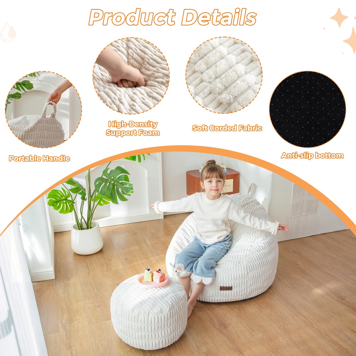 MAXYOYO Kids Bean Bag Chair with Ottoman, Soft Plush Bean Bag Sofa with Removable Cover for Boys and Girls, Convenient Floor Seat with Handle, Comfy Toddler Lounge Chair for Playroom, Bedroom