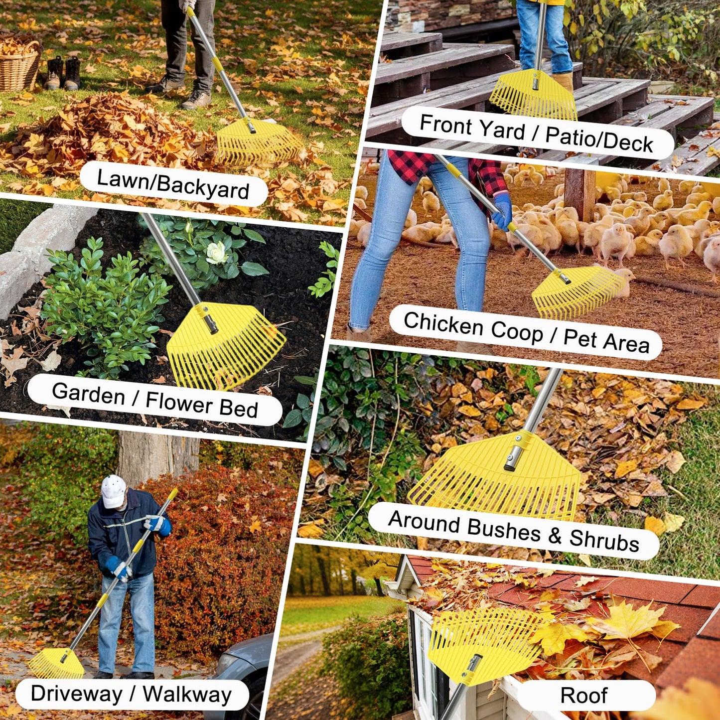Plastic Leaf Rake for Lawns - Lightweight & Anti-Break Nylon Head, 16.5'' Wide Yard & Garden Rake for Leaves, Grass, Pine Needles, Adjustable Long Handle Easy Use for Women,Seniors,Kids