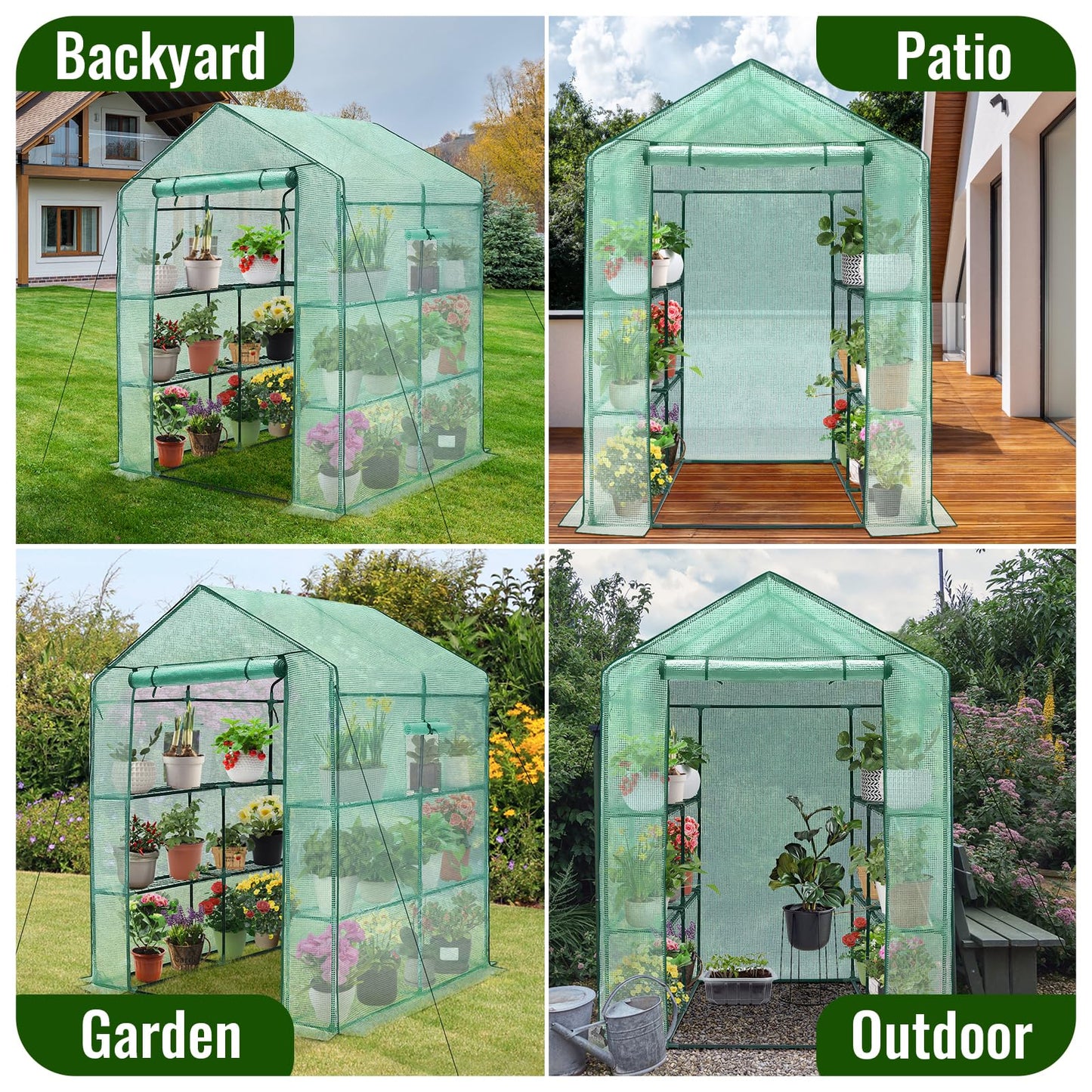 Greengro Greenhouse, 57 x 57 x 76'' Greenhouses for Outdoors, Portable Greenhouse Kit with Mesh Side Windows, PE Cover, 8 Shelves, Heavy Duty Walk in Green House for Backyard Garden Indoor Outside