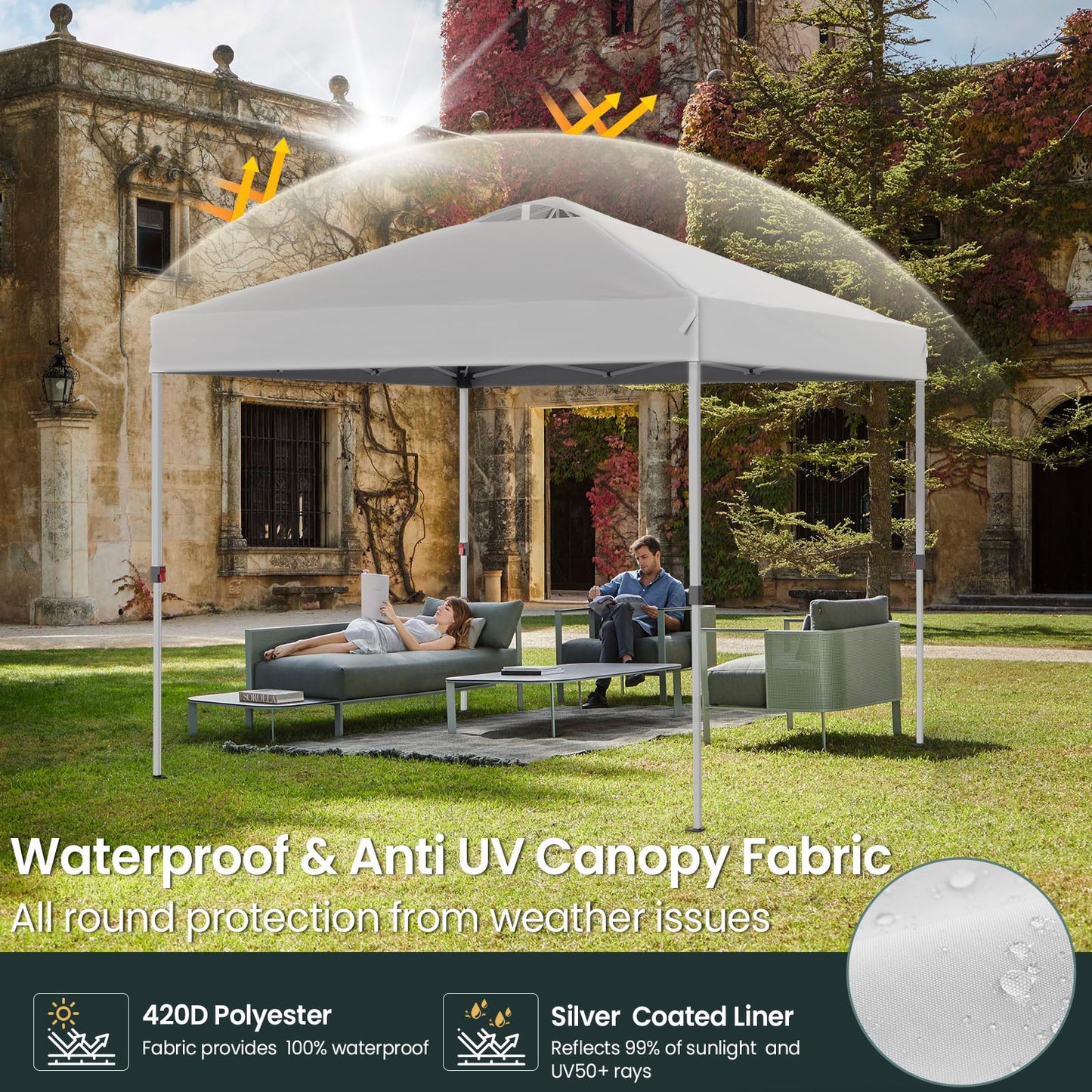 PHONWHON Shades 10x10 Pop Up Canopy with One Push Setup,Heavy Duty Beach Tent with Wheels for Easy Moving, Sun Shelter for Parties,Events, Outdoor Gazebo with 420D Coated Waterproof White Fabric