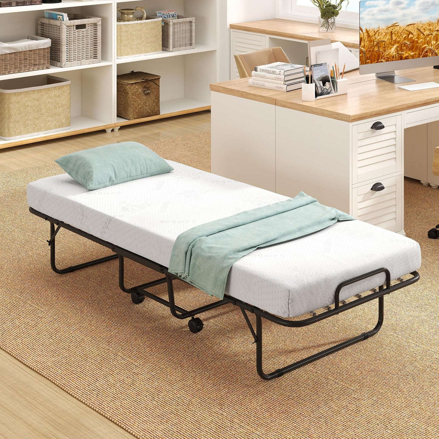 KOMFOTT Folding Bed with Mattress, Cot Size Rollaway Guest Bed with Heavy-Duty Metal Frame & Lockable Wheels, Space Saving Portable Fold up Sleeper Beds for Office, Apartment, Small Spaces