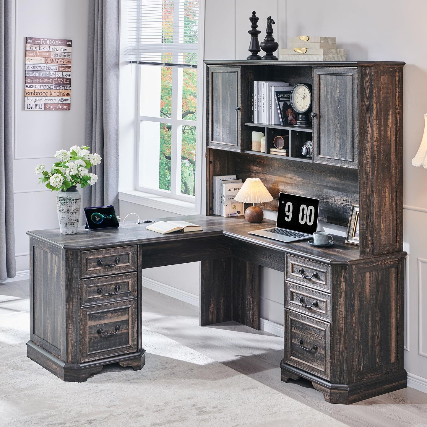 T4TREAM L Shaped Desk with Hutch,59" Farmhouse Wood Home Office Executive Desk,Charging Station,File Drawer, Storage Cabinet,Computer Desk for Work and Study (Dark Rustic Oak)