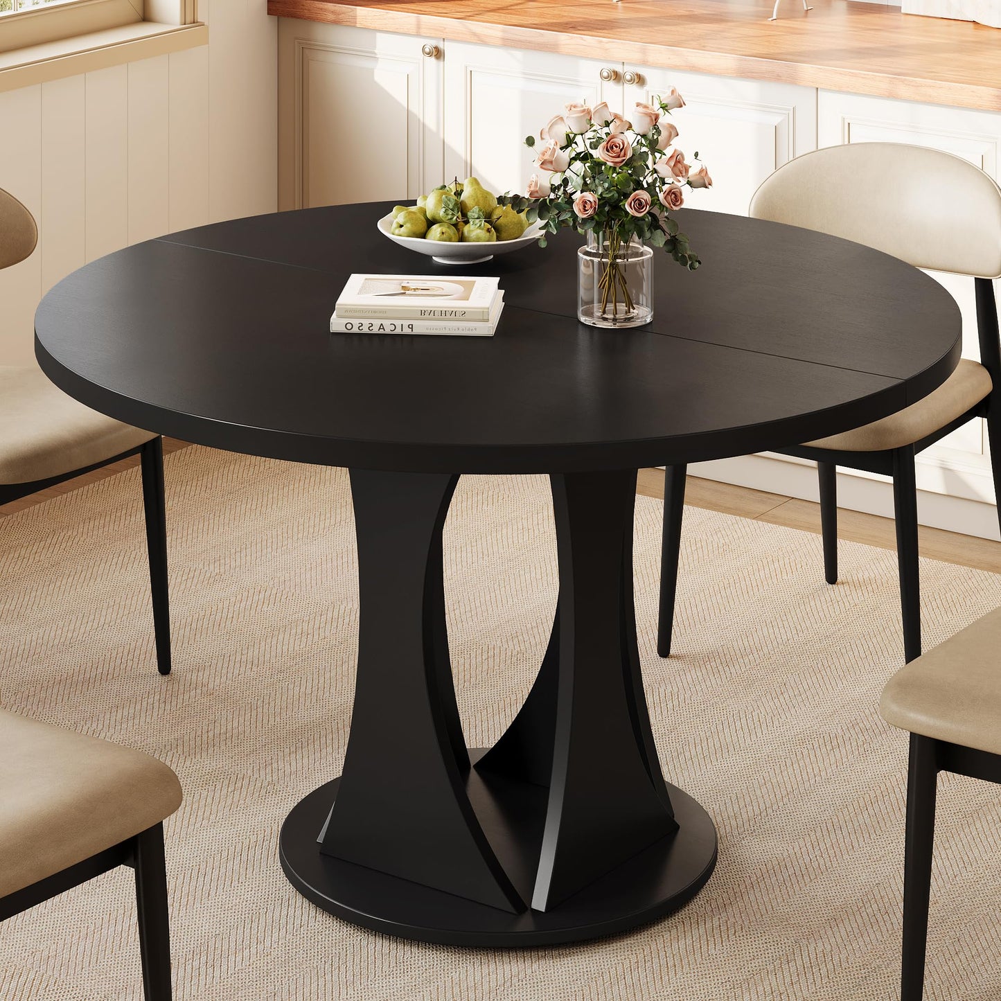 Einhomn Round Dining Table for 4-6, Kitchen Table with Sturdy Double Arc & Rounded Base & Backboard Clasp Desktop, Mid-Century Modern Circle Dinner Table for Dining Living Room, Space Saving, Black