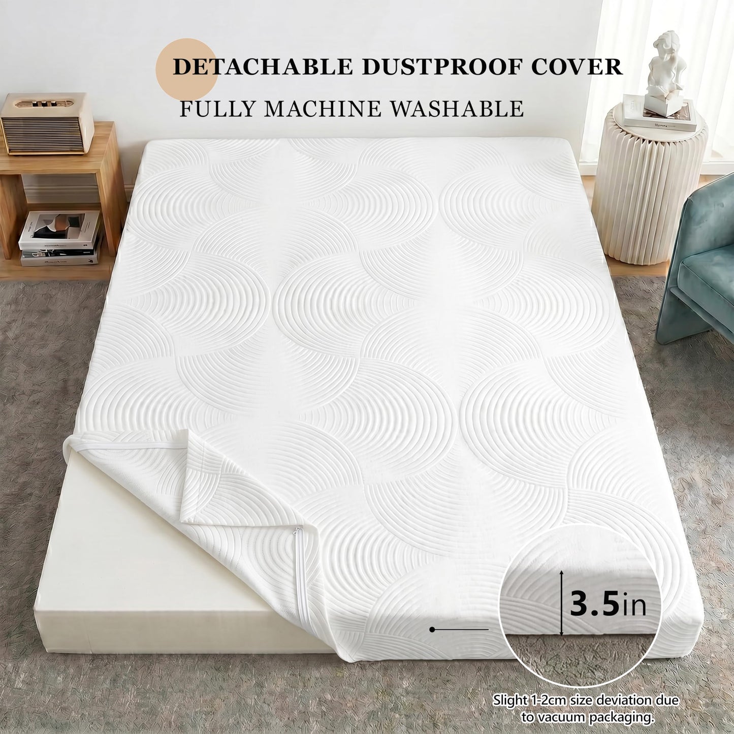 Castage Japanese Floor Mattress, 3.5" Thicken Futon Mattress Tatami Mat with Non-Slip Bottom,Removable Washable Cover,Foldable Mattress Tatami Mat Sleeping Pad，White Geometric，Twin（80‘’x36‘’）