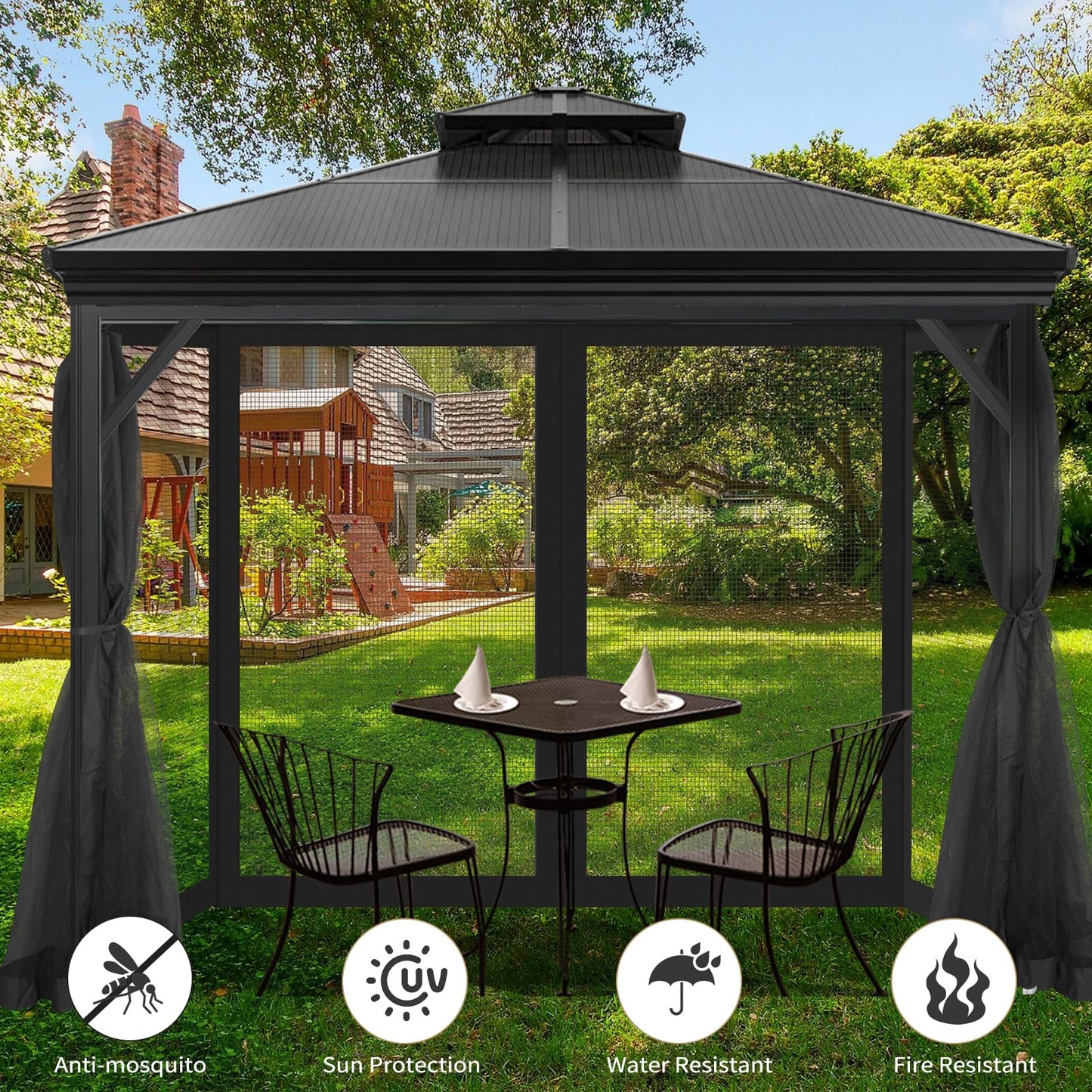 Gazebo Universal Replacement Mosquito Netting, Outdoor Mesh Netting Screen 4-Panel Sidewall with Zipper for Patio, Canopy, Garden and Backyard, Black, 10' x 10'
