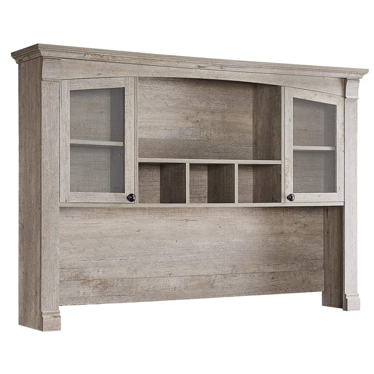 OKD 60" Farmhouse Desk Hutch, Glass Door Storage Cabinet, Gray Oak