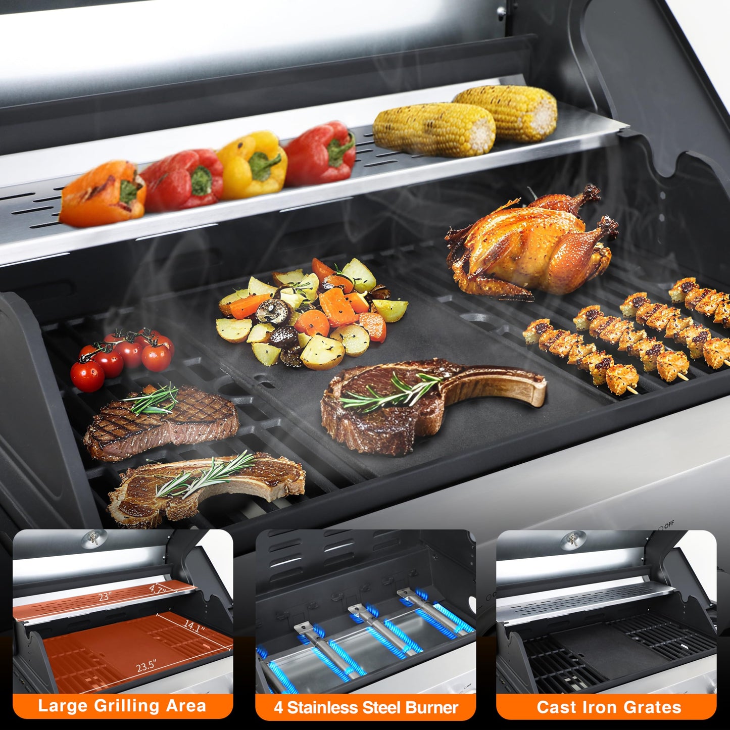 IdeaMaxx Propane Gas Grill 4 Burner, 49,000 BTU Outdoor BBQ Grill with Side Burner, Porcelain Cast Iron Grates & Stainless Steel, Fast Heating for Backyard, Camping, Tailgating