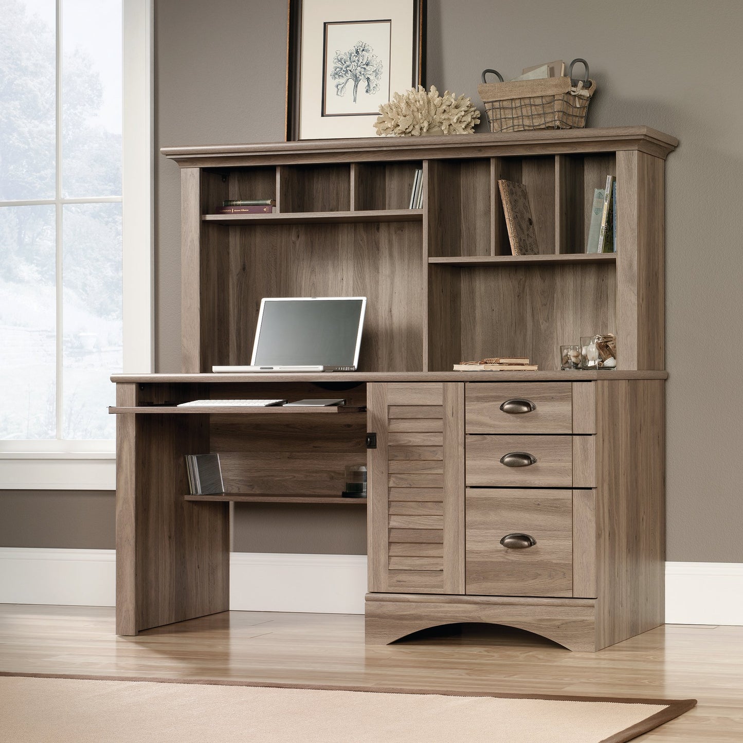 Sauder Harbor View Home Office Computer Desk with Hutch, Keyboard Tray, in Salt Oak finish