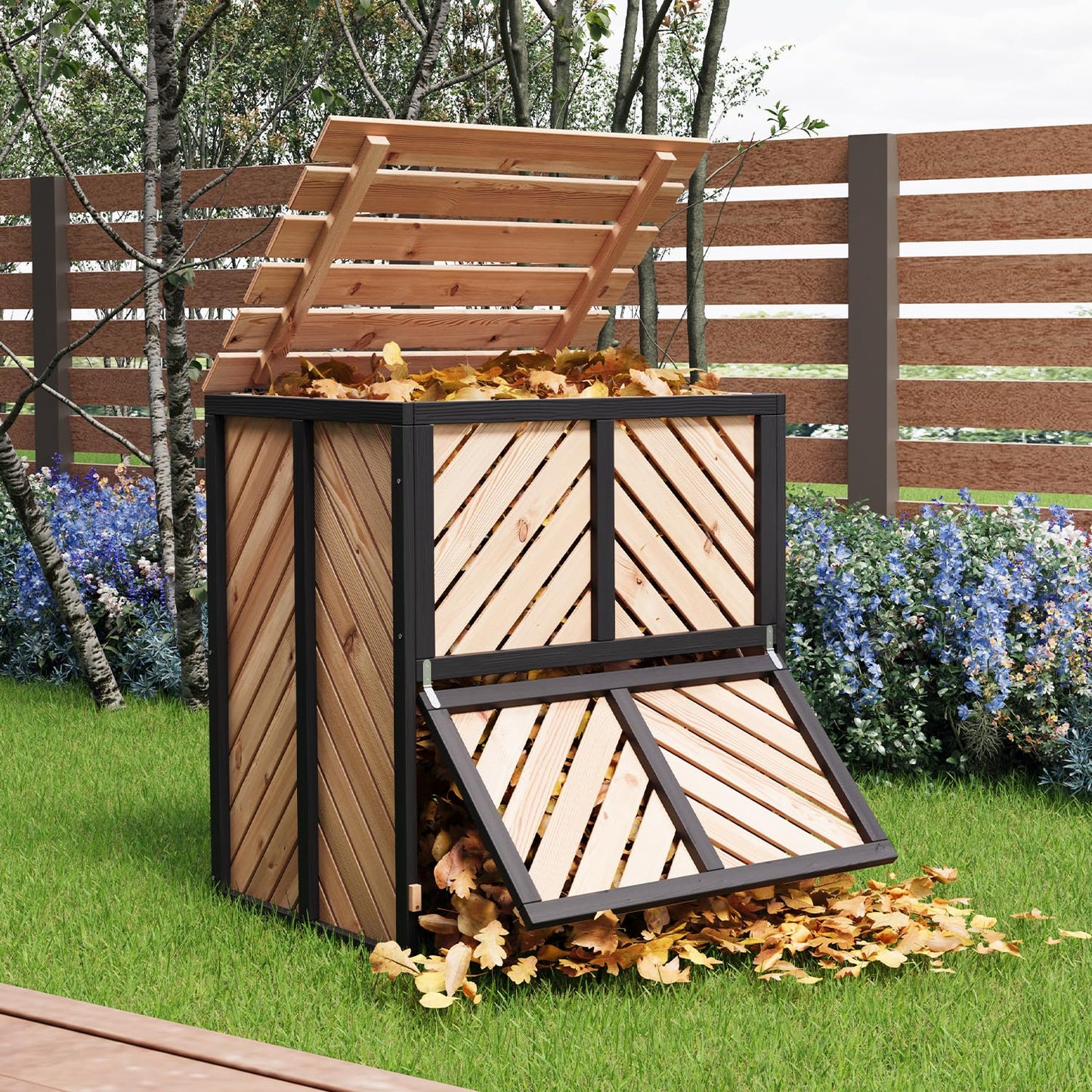 SOCOME 115 Gallon Solid Wood Composter, Outdoor Compost Bin with Pull-Out Door and Flip-Top Lid, Heavy Duty Composting Bin for Outside Backyard, Garden, Patio, Natural