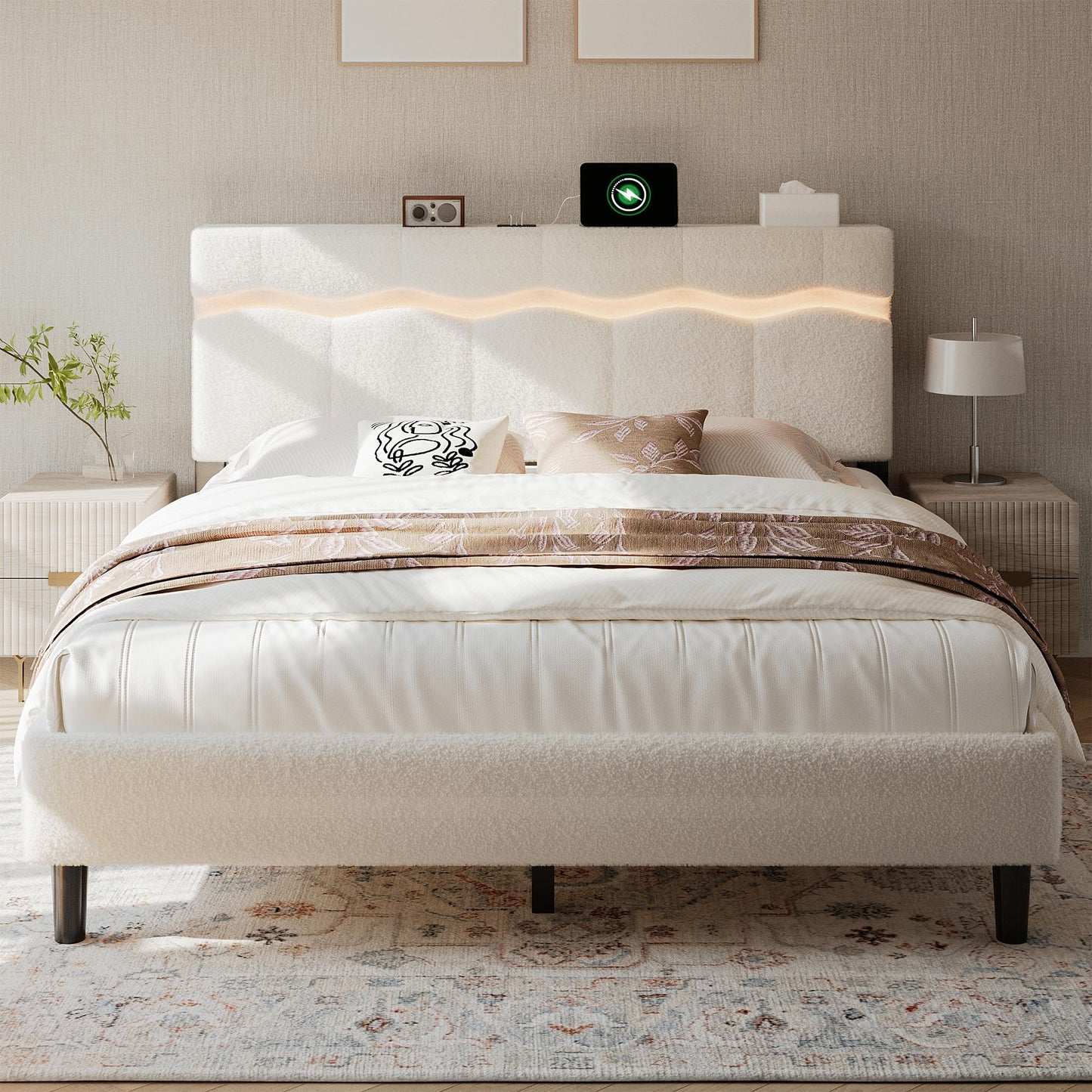 Homkdom King Size Bed Frame with Wave LED Light Strip, Platform Bed Frame with Charging Station & Headboard Storage, Teddy Fleece, No Box Spring Needed, Noise-Free, Beige