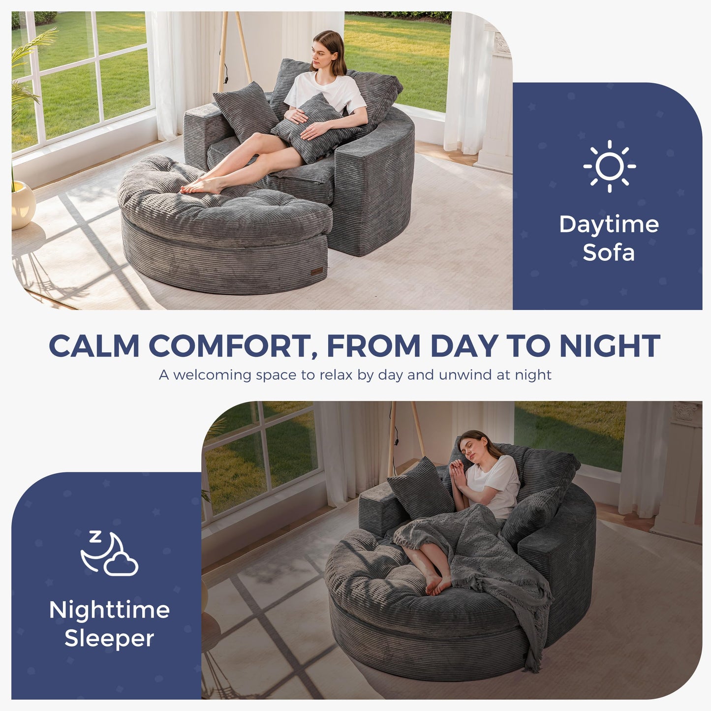 MAXYOYO Oversized Round Chaise Lounge Sofa, Upholstered Lounge Chair with 3 Pillows, Boneless Sofa Couch with Ottoman, Deep Seat Chair for Living Room, Bedroom, No Assembly, Dark Grey