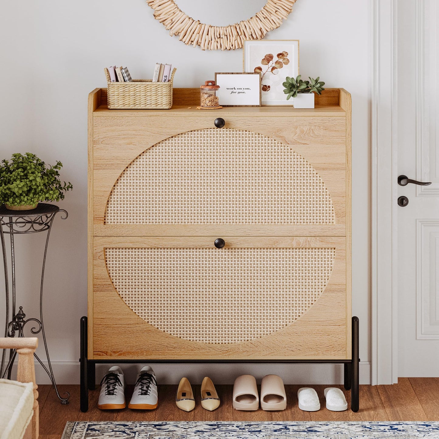 IRONCK Shoe Cabinet Storage with 2 Flip Drawers, Free Standing Wooden Shoe Storage Organizer Cabinet with Rattan Doors for Entryway, Narrow Shoe Rack Cabinet, Oak