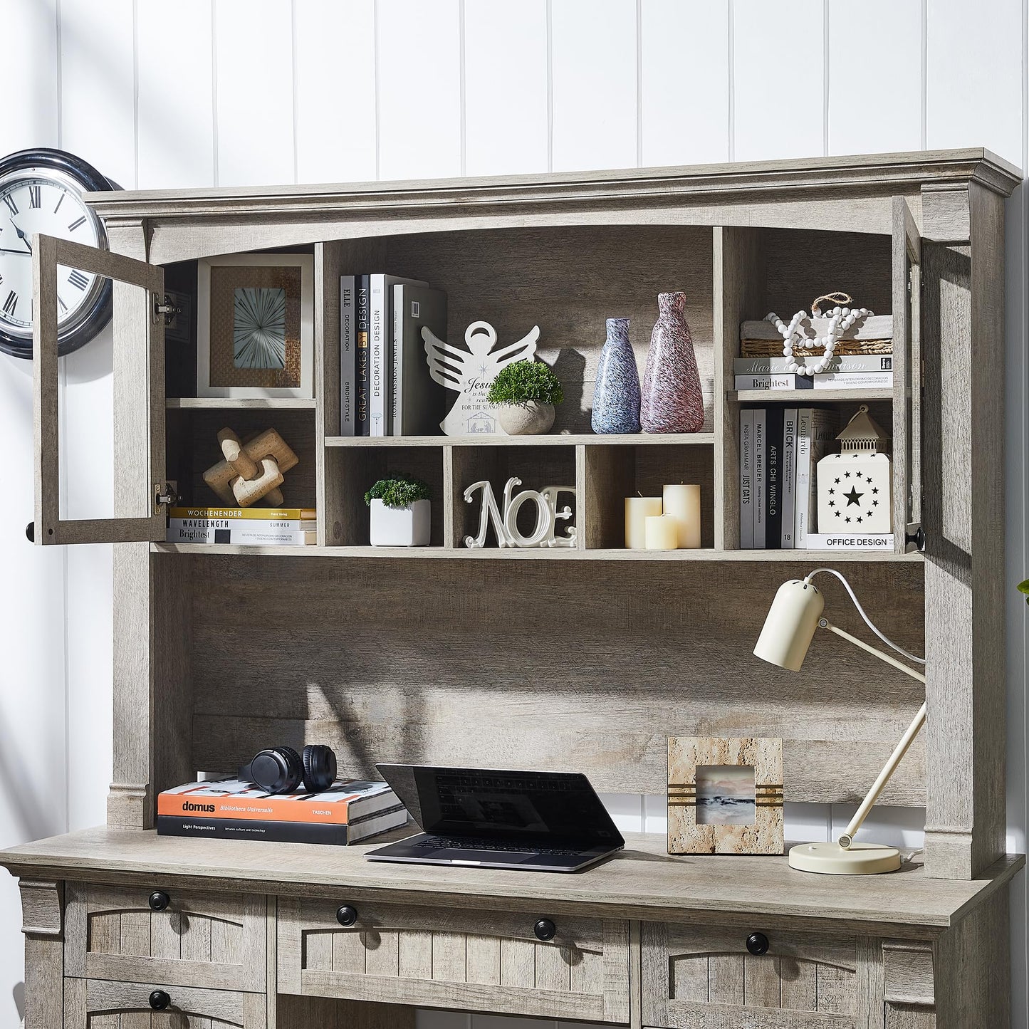 OKD 60" Farmhouse Desk Hutch, Glass Door Storage Cabinet, Gray Oak
