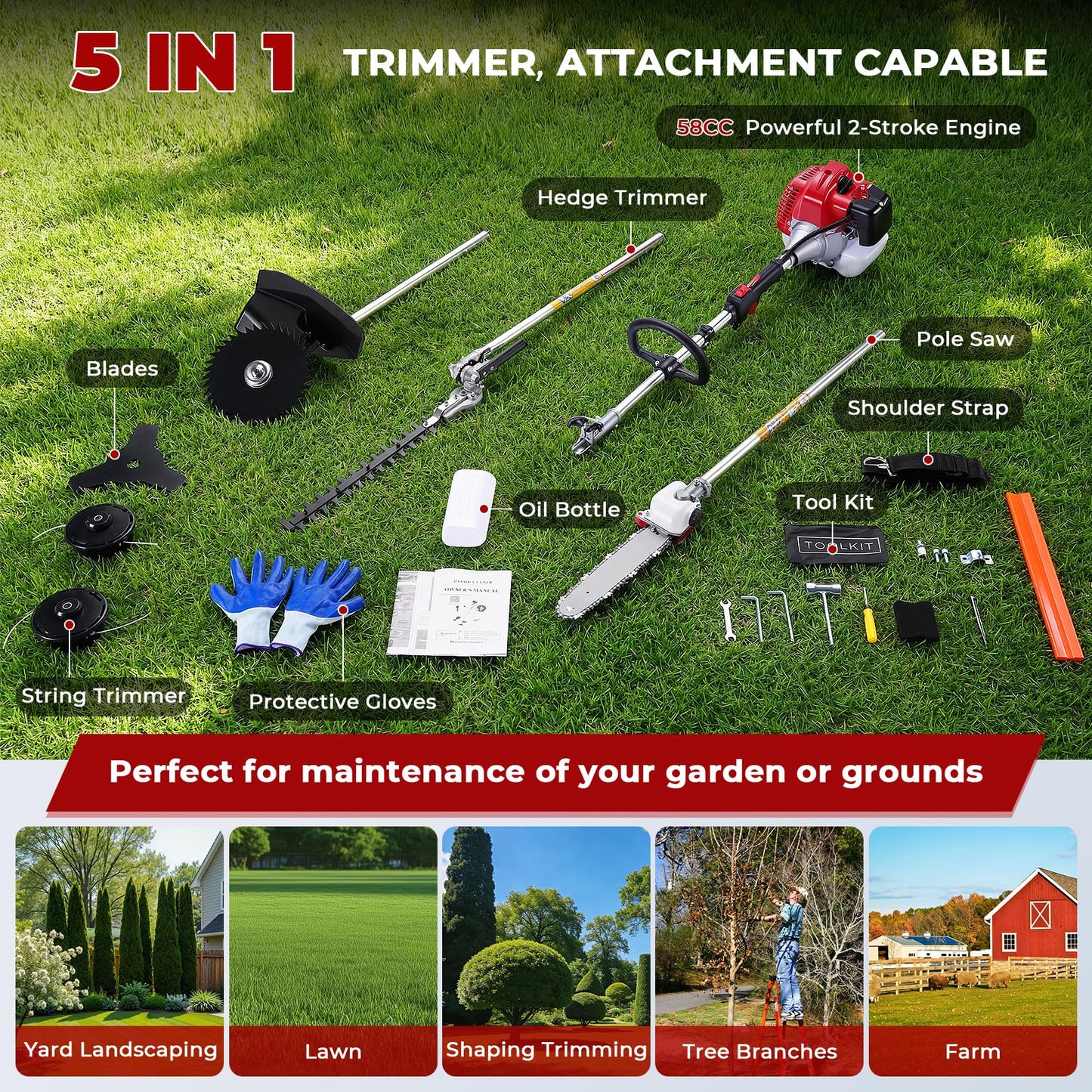 Pole Saws Gas Powered 6-in-1, 58CC 2-Cycle Powerful Gas Pole Saw Include String Trimmer Brush Cutter Pole Saw Hedge Trimmer Brush Cutter for Yard, Garden