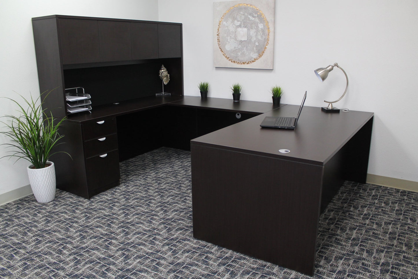 Boss Office Products Holland 71" Executive U-Shape Desk with File Storage Pedestal and Hutch, Mocha