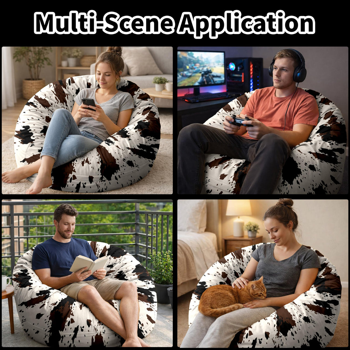 6FT Bean Bag Cover (No Filler), Cow Print Giant Bean Bag Chair Cover