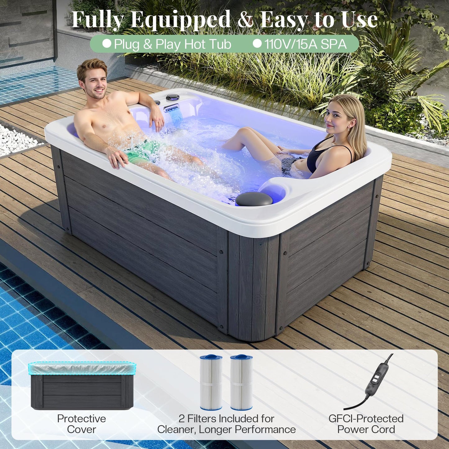 Jocisland 2 Person Outdoor Hot Tub with 15 Stainless Steel Jets, 110V Acrylic Plug & Play Hot Tub with LED Lights & Waterfall, Double Lounger Seat Spa with Cover, 2 Filters & 2HP Pump, Charcoal Gray