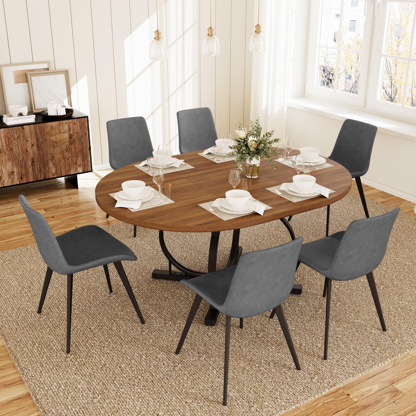 HIPIHOM Extendable Round Dining Table Set for 6 People, 43.3"-59" Extendable Kitchen Table with 6 Upholstered Chairs, Space Saving for Kitchen Dining Room (Walnut Table+6 Grey Chairs)