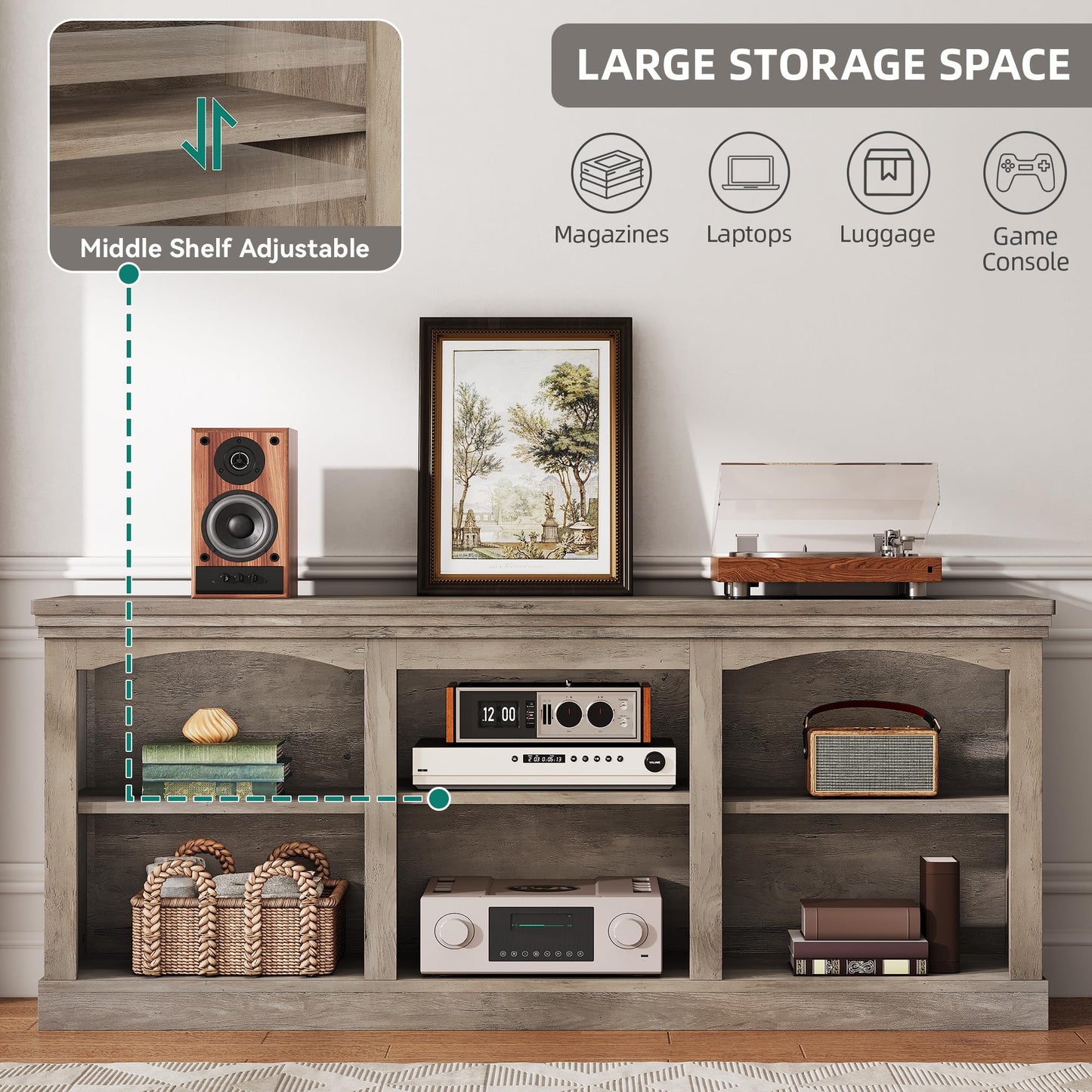 YITAHOME Farmhouse TV Stand for 75/80 Inch TV, Entertainment Center with Adjustable Shelf, Large TV Console Table for Living Room (Washed Grey)