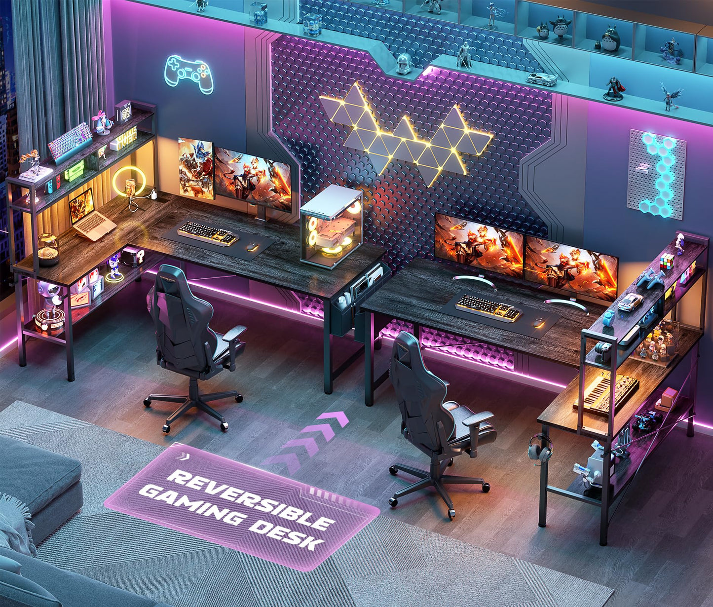Aheaplus 59" L Shaped Desk Gaming Desk with LED Light & Power Outlet