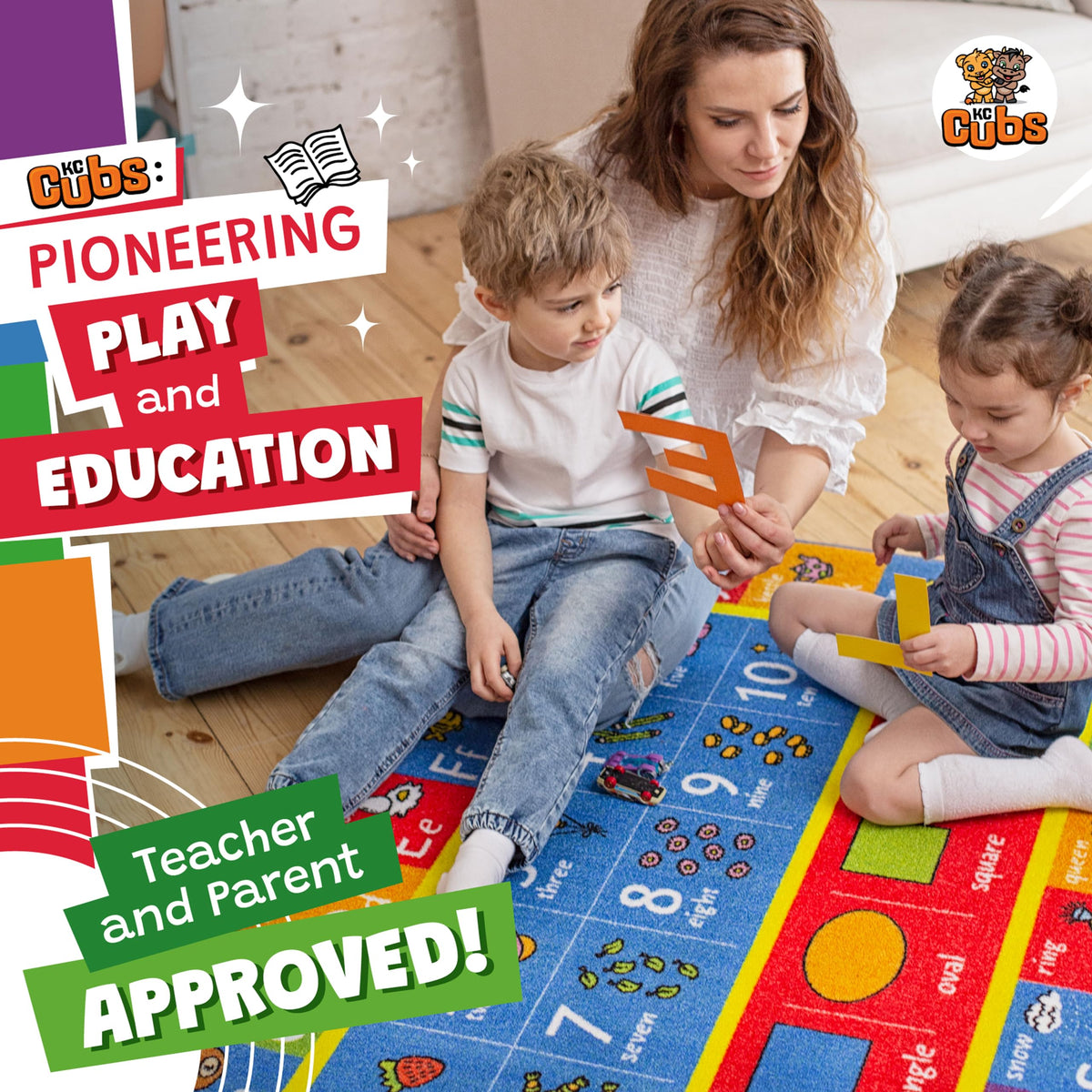 KC Cubs: Educational Rug: ABC Alphabet, Numbers & Shapes - 3x5' Playmat - Interactive Play, Activity Area Carpet, Bedroom-Classroom, Baby-Toddler-Kids