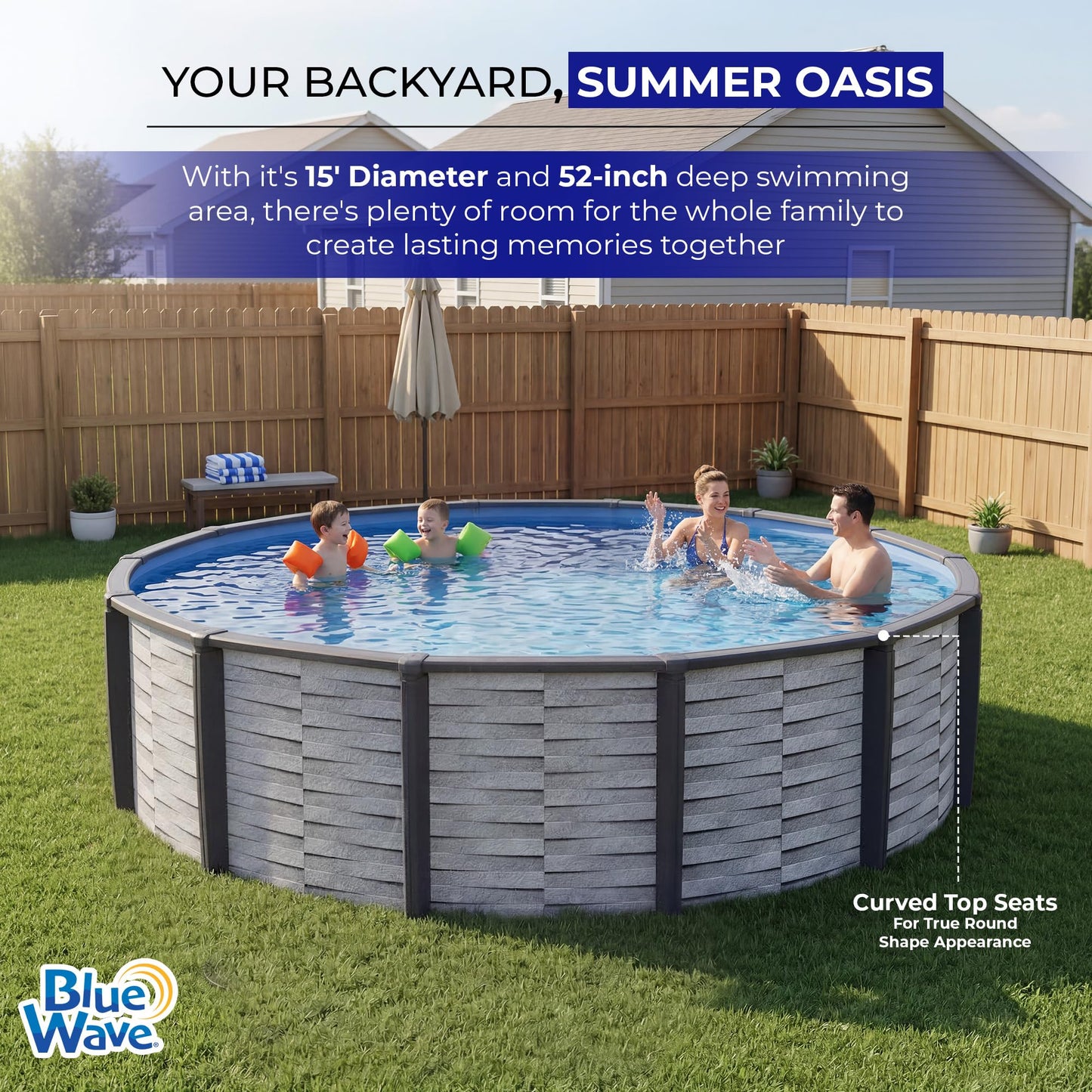 Blue Wave Affinity 15-ft Round 52-in Deep Hard Sided Above Ground Pool with Resin Verticals & Top Seats, Vinyl Liner & Skimmer – Steel Wall Construction with 5,130 Gallon Cap for Family Recreation