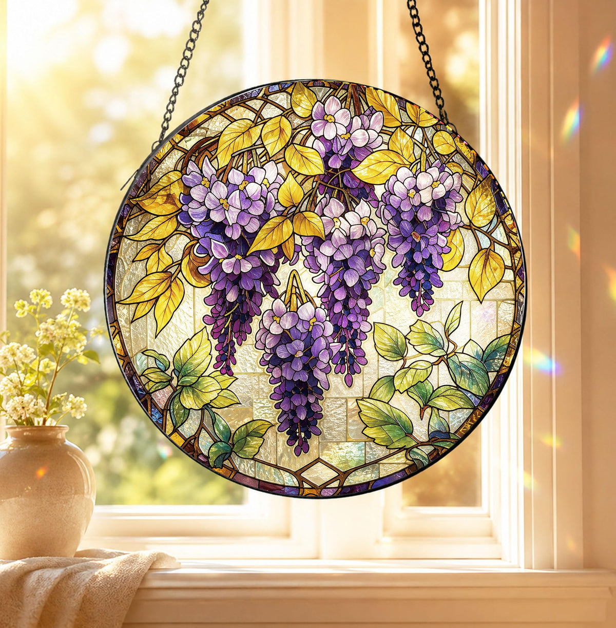 Wisteria Flower Stained Glass Window Hanging