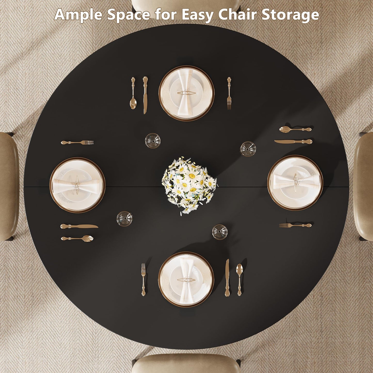 Einhomn Round Dining Table for 4-6, Kitchen Table with Sturdy Double Arc & Rounded Base & Backboard Clasp Desktop, Mid-Century Modern Circle Dinner Table for Dining Living Room, Space Saving, Black