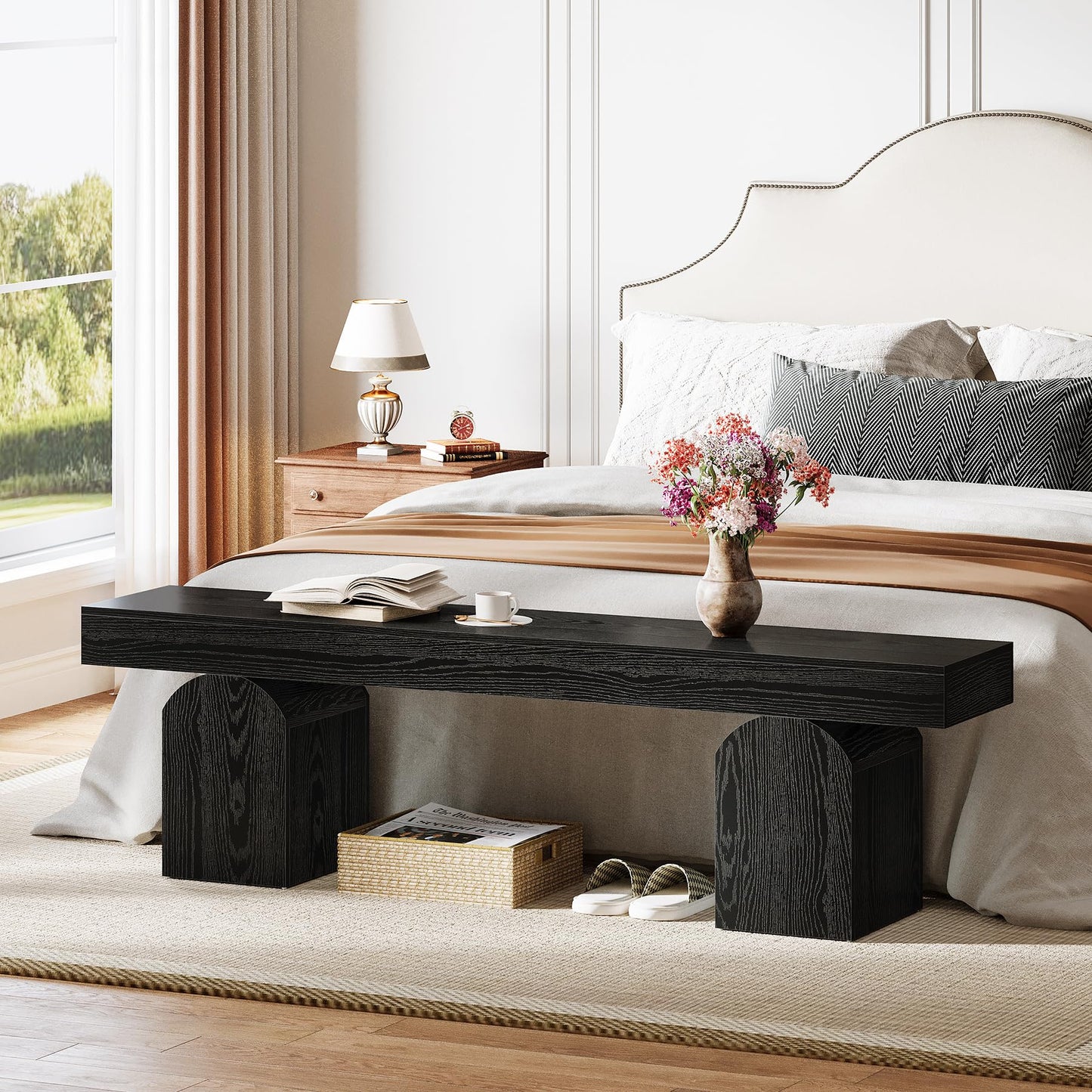 Tribesigns 59" Black Dining Bench for 2 to 3, Modern Dining Table Bench with Arched Base, Extra Long Kitchen Bench Seating for Dining Room, Living Room, Entryway
